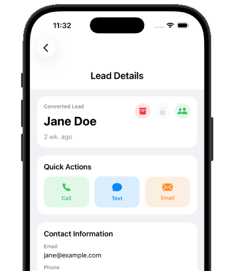 Lead details screen in TidyBase